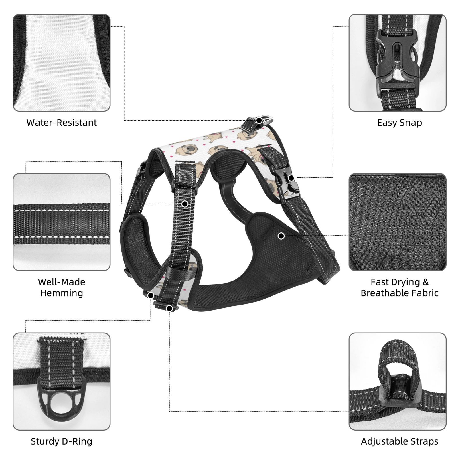Vsdgher Pugs Pattern Dog Harness,No Pull Pet Harness with Soft Padded Handle,Adjustable Reflective Vest with 2 Buckles,4 Slide Buckles,S-XL X-Large