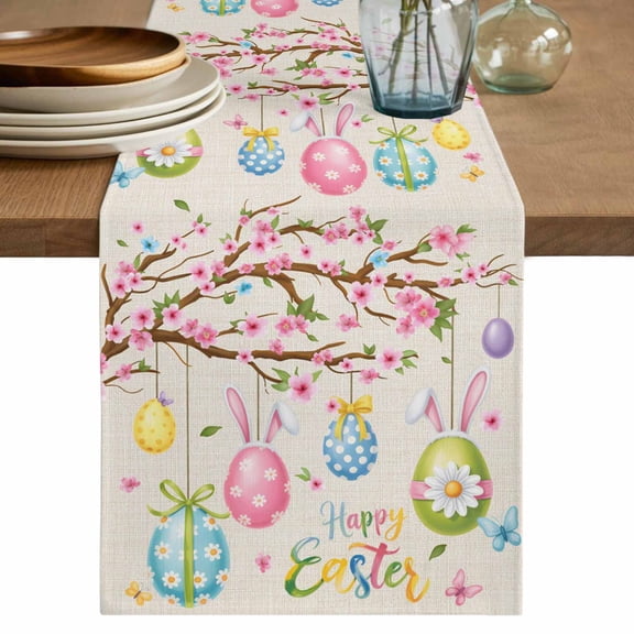 Table Runner 48 Inches Long for Kitchen Dining, Easter Eggs Dresser Scarf Farmhouse, Dining Table Decorations for Wedding/Parties, Spring Watercolor Bunny Flower on Linen 13 x 48 In