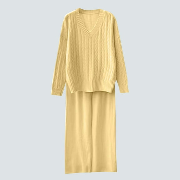 Roncen Women's Solid Color V-Neck Knit Pullover & Casual Trousers 2-Piece Set - Long Sleeve Shirt and Pants Outfit with Loose Fit for Everyday Wear