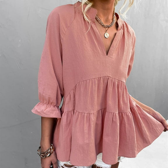 Oalirro 3/4 SleeveTops for Women Women's Comfor table Three Quarter Sleeves V Neck Solid Tops Blouse