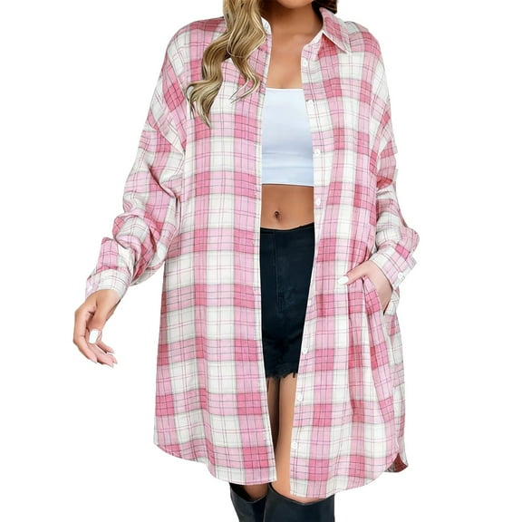 Women's Button Down Flannel Shirts Plaid Shacket Lounge Lapel Collared Shirts Blouse Long Jacket Coats with Pockets (2XL, Pink)