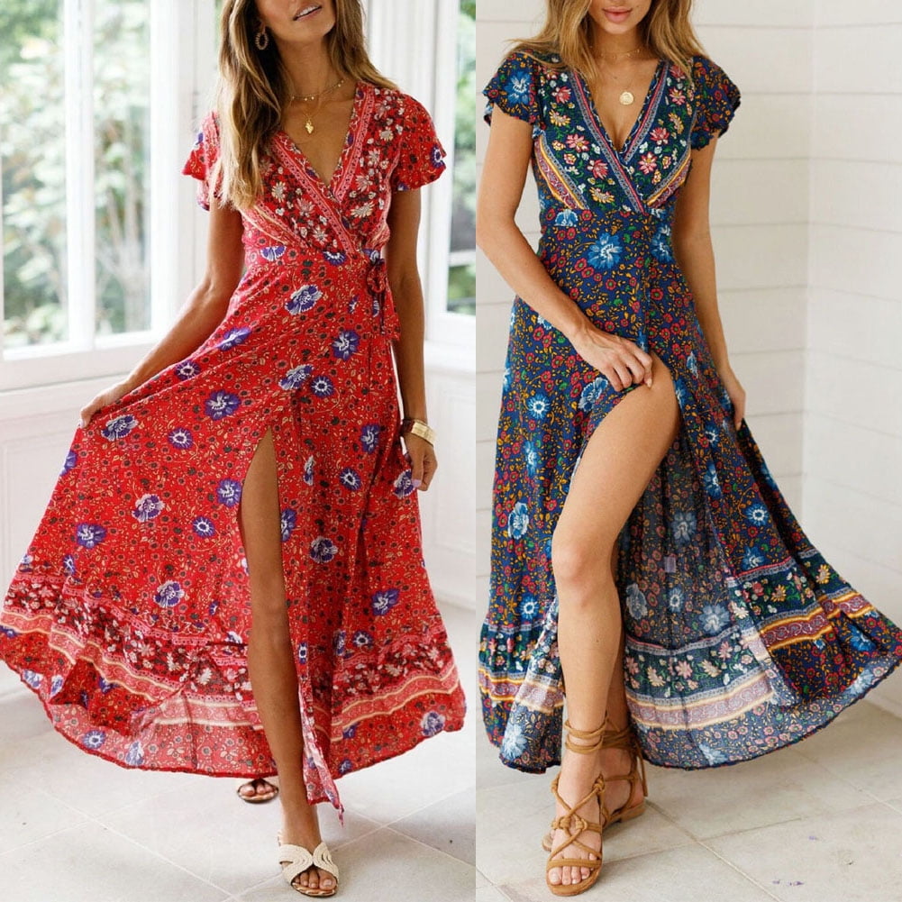 Hirigin Hirigin Womens V Neck Floral Split Dress Boho Summer Beach Casual Long Sundress Hua 