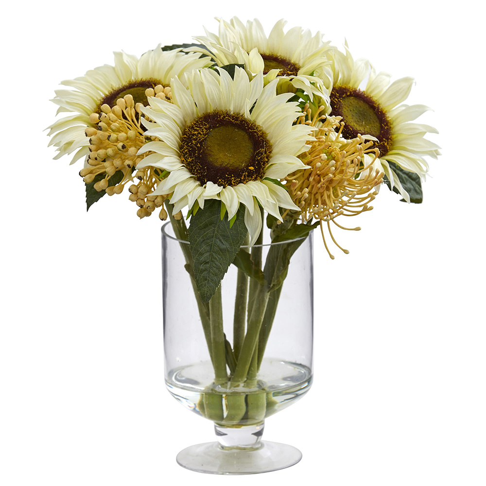 12" Sunflower & Sedum Artificial Arrangement in Vase Silk Arrangements