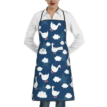 

Qekee Cute Goose On Blue Sky Print Adjustable Bib Apron Resistant with Pocket Cooking Kitchen Aprons for Women Men Server Chef Apron