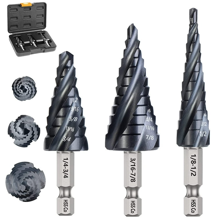 Matework M35 Cobalt Step Drill Bit Set Four Spiral Flute Step Bit 1 8 7 8 Wear Resistant TiAlN Coated 1 4 Hex Shank Unibit for Metal Wood