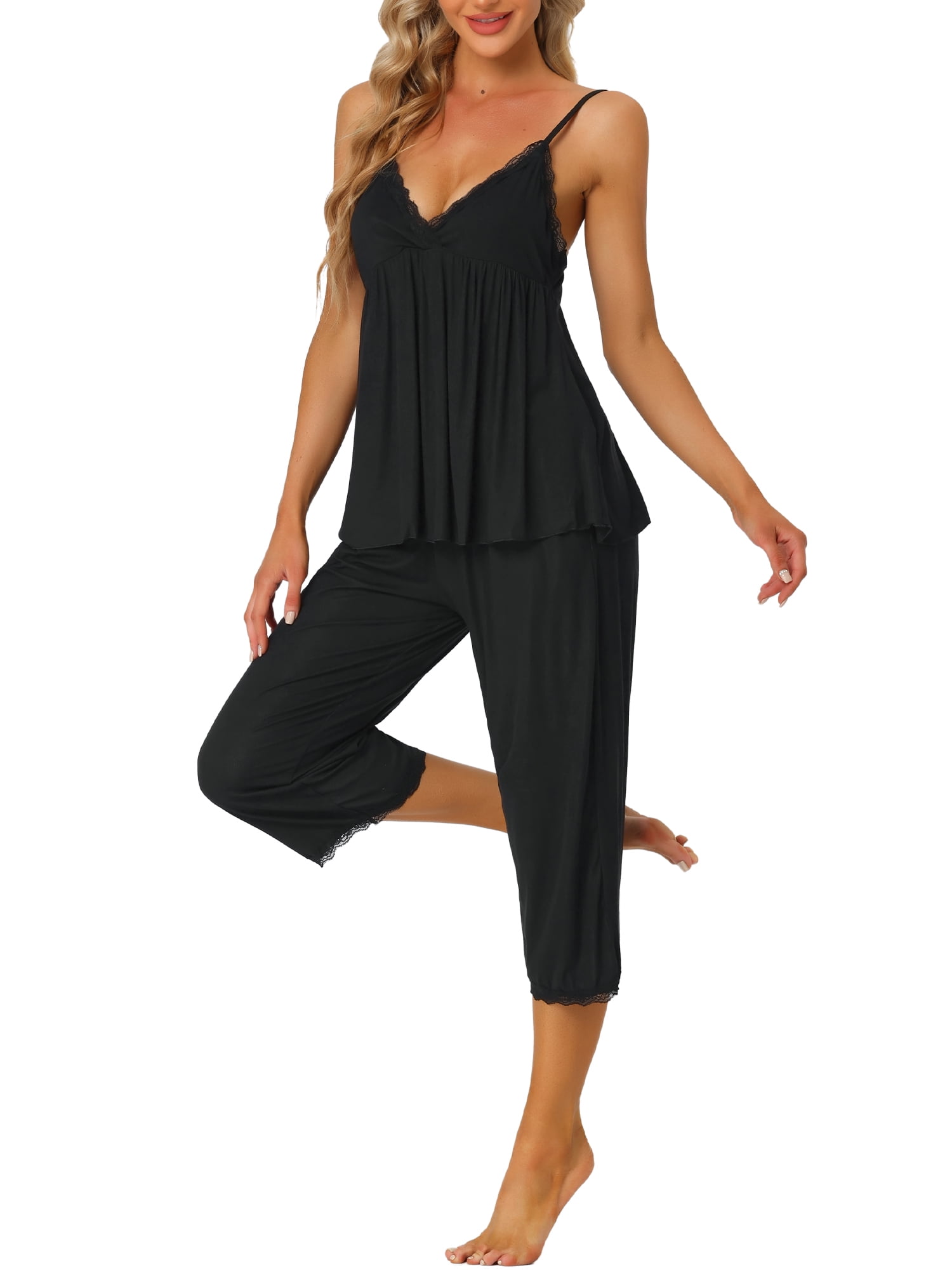 Unique Bargains Womens Pjs Top with Pants Lounge 2pcs Knit Waffle Pajama Sleepwear Sets
