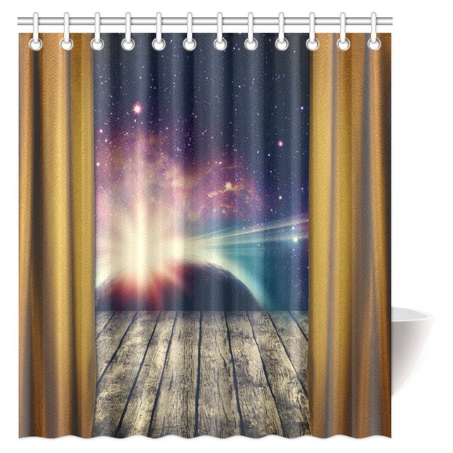ABPHQTO Decoraciones espaciales Cortina de ducha Vista a través de la ventana Tablón de madera Estrellado Espacio exterior profundo Nebulosa y Galaxia Cortina de ducha 160x180 cm