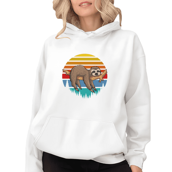 Women's Crew Neck Printed Cotton Hoodie Retro Sunset Sloth Pattern Casual Relaxed Hooded Long-Sleeved White S-2XL