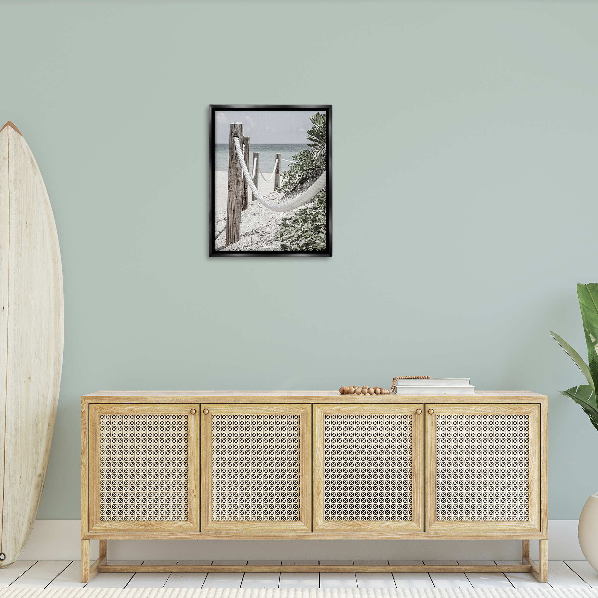 Stupell Industries Rope Fence Beach Landscape Photography Black Floater Framed Canvas Art Print Wall Art, 25 x 31