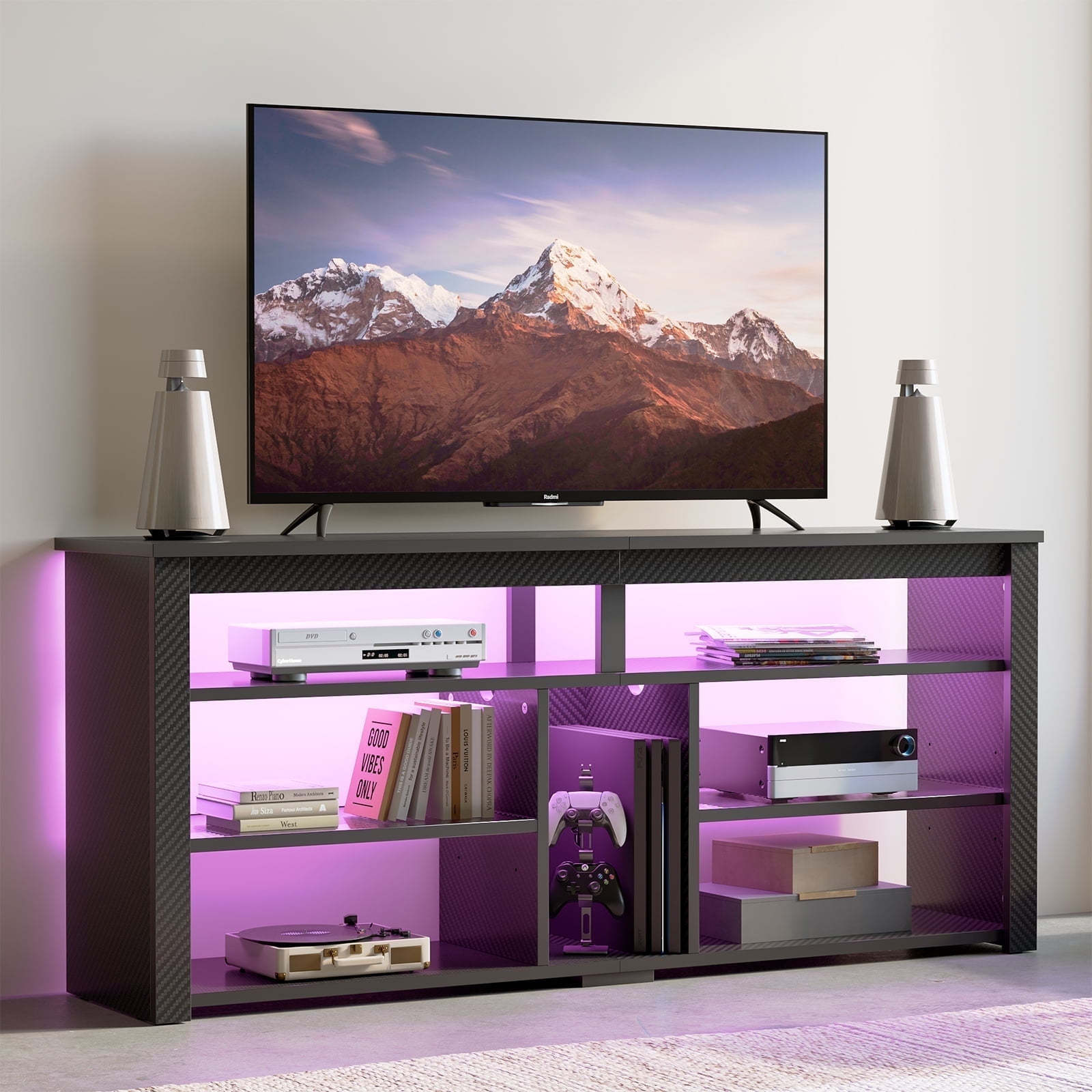 Bestier Tall TV Stand for 65" TVs,Entertainment Center with PS5 Storage,LED TV Stands for Living Room,TV console with Adjustable Storage Shelf,Carbon Fiber Black TV Stand