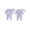 thumbnail image 2 of RUINIXCW Newborn Baby Girl Little Sister Outfit Baby Girls Spring Fall Winter Clothes Waffled Romper Letter Embroidered Jumpsuit and Headband 2Pcs Set, 2 of 9