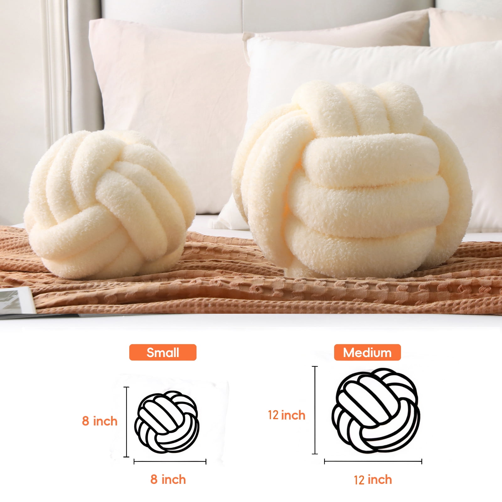 Knot Pillow Ball Plush - Decorative Throw Pillows for Bed Stress Relief, Round Knot Cushion for Sofa Decor Pet Toy, Cream 12 Inch