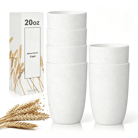 BPPEG Wheat Straw Cups 6 Set of 6 Good Alternative to Plastic Reusable Cups 20 Oz Unbreakable Drinking Cup Reusable Dishwasher Safe Water Plastic Glasses - White