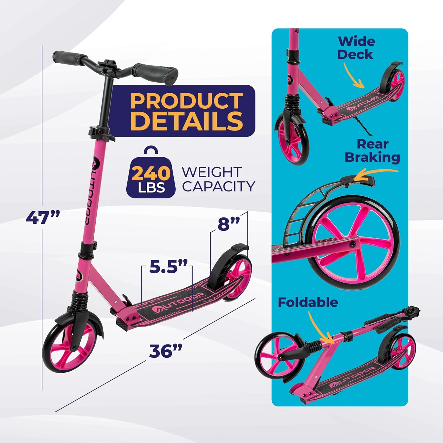 Outdoor Cruiser Kick Scooter for Ages 6+, for Kids, Teens, and Adults, Max Load 250 LBS, Foldable, 8-inch Wheels for Kids and Adults, Dual Suspension, 3 Adjustable Levels, Child Safety Approved, Pink