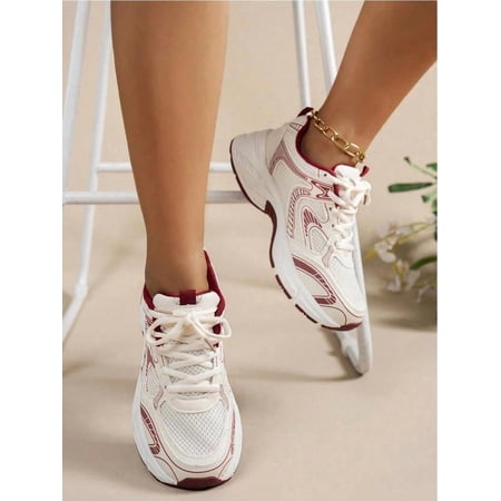 Women Casual Chunky Sneakers Lace-Up Round Toe Mixed Material Breathable College Style White Shoes