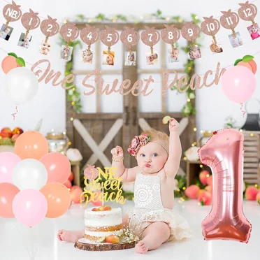 One Sweet Peach 1st Birthday Decorations Kit – Balloons, Banner, Cake Topper, High Chair Banner & Photo Banner