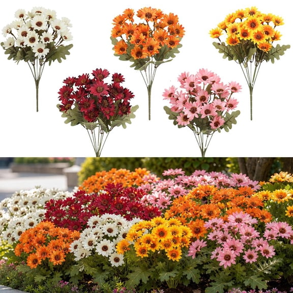 5PCS Artificial Mums Outdoor Flowers UV Resistant Fake Fall with Eucalyptus Leaves Silk Floral Bundle for Front Porch Window Box Garden Home Decor Waterproof Faux Plants for Autumn Wedding Gift