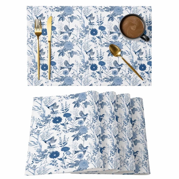 Flower Bird Placemats Set of 4, Vintage Blue Garden Country Wildflower Placemats for Dining Table, Place Mats for Kitchen Tabletop, Waterproof Wipeable Dining Table Mats Set