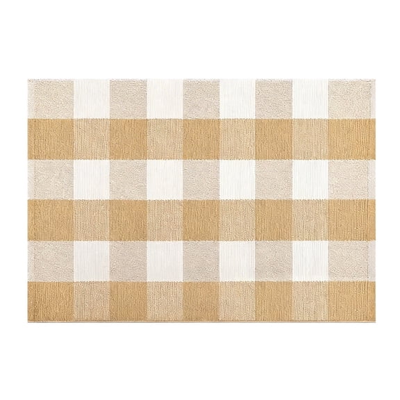 Khaki and White Layered Doormat, 23.62 x 35.43 Inch Checkered Farmhouse Fall Porch Rug, Cotton Washable Front Door Mat for Welcome Entryway, Bedroom, Living Room, Outdoor