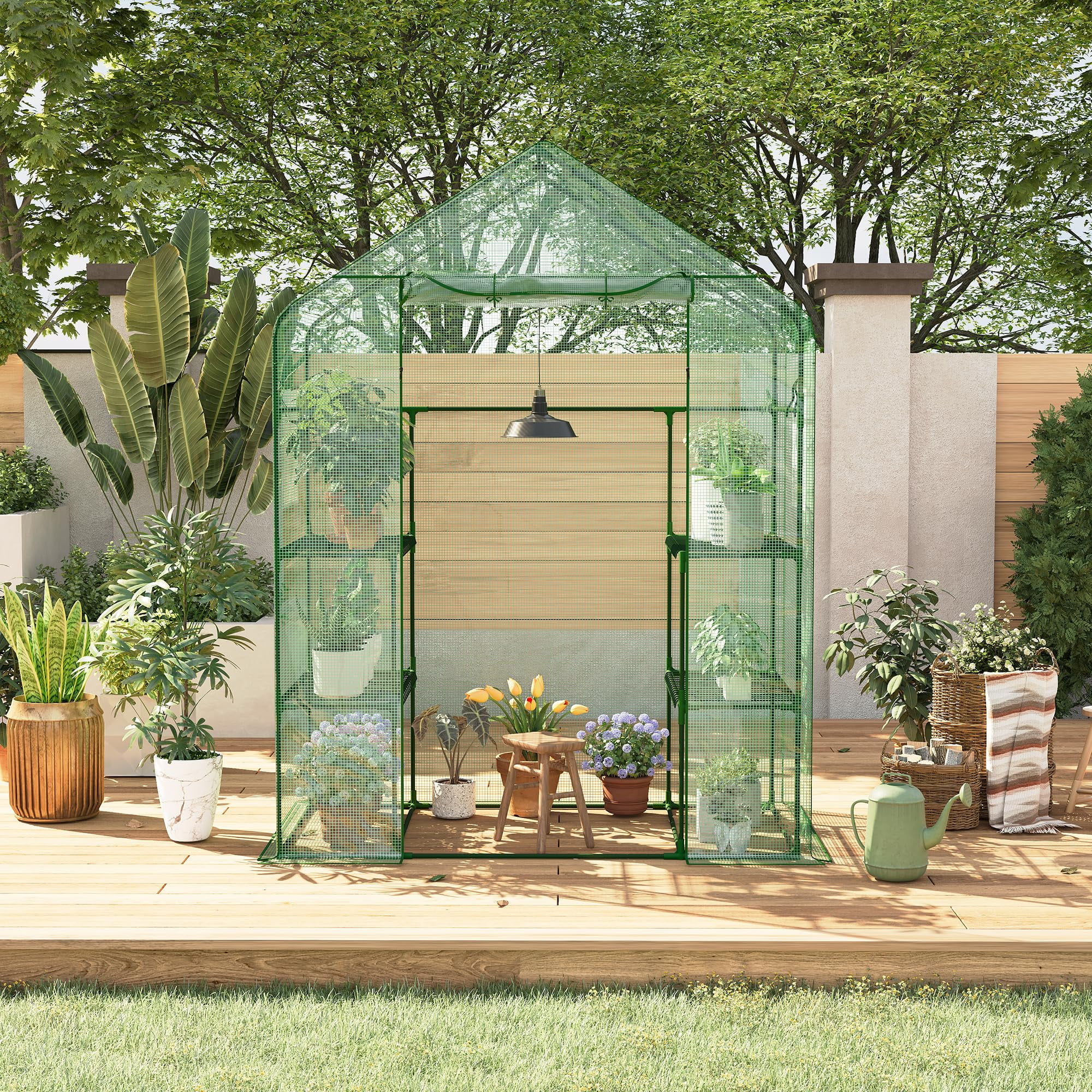 Mini Walk-in Greenhouse with PE Cover, 4-Shelf Indoor Outdoor Plant House with Window for Garden Backyard, 56"x29"x77", Green