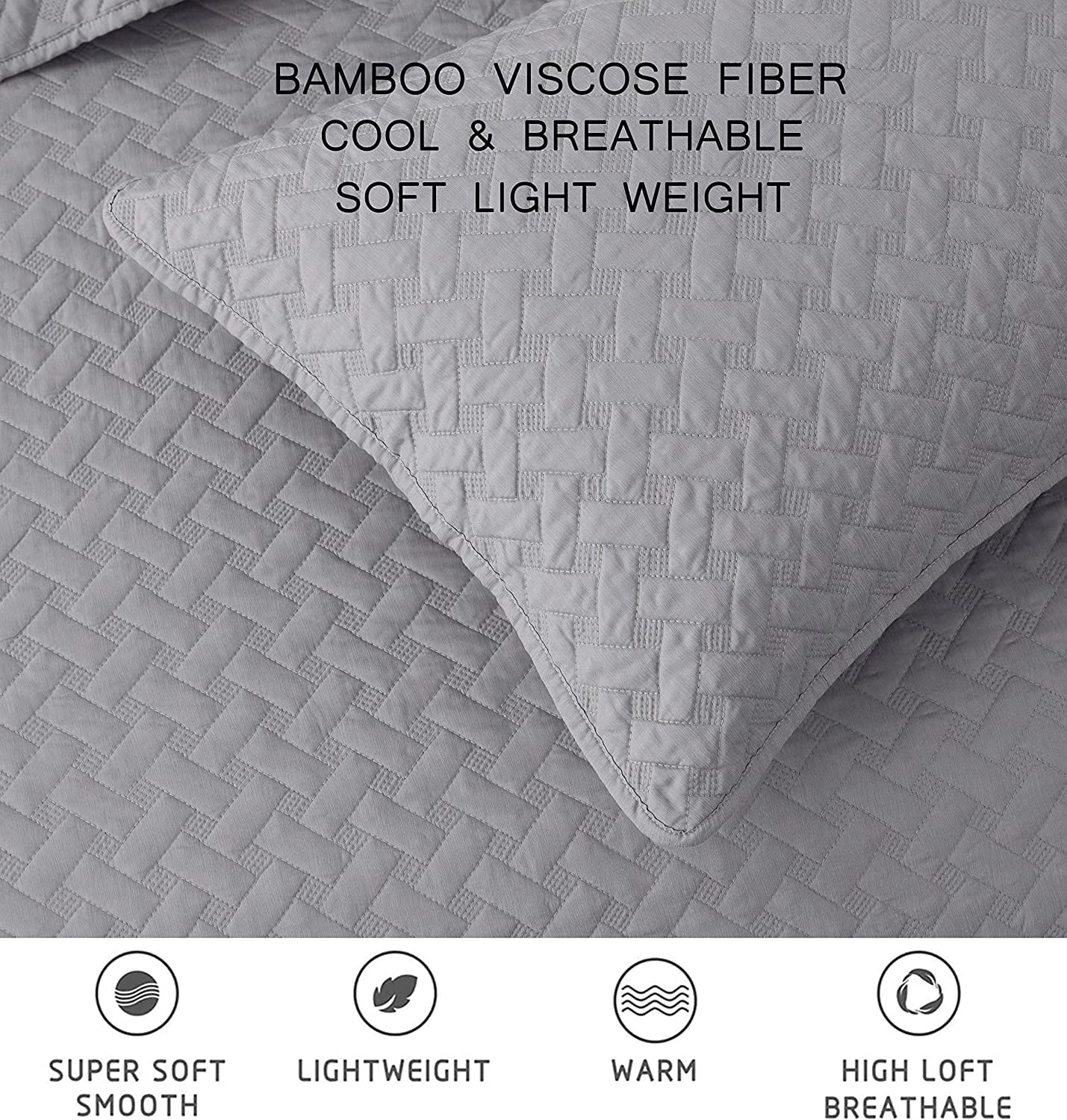 Chezmoi Collection Randall 3-Piece Soft Cooling Bamboo Fiber Quilt Bedspread Basketweave Quilted Coverlet Set (King, Light Gray)