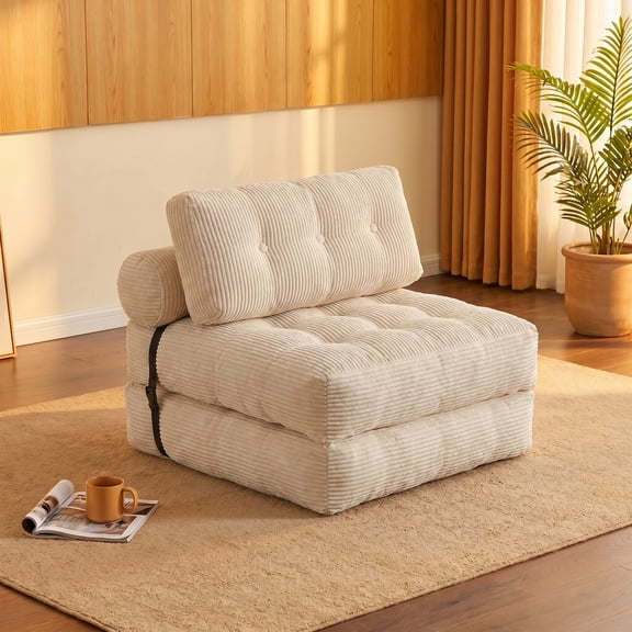 Peispie Convertible Folding Sofa Bed, Single Sleeper Chair with Headrest & Lumbar Pillow, Portable Corduroy Floor Lounge Chair Fold Out Mattress for Living Room Bedroom, Beige
