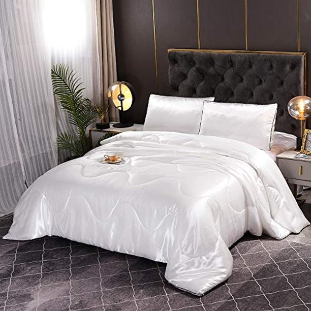 Silk Comforter Set White, Queen Bedding Set, Satin Silky Soft Luxury