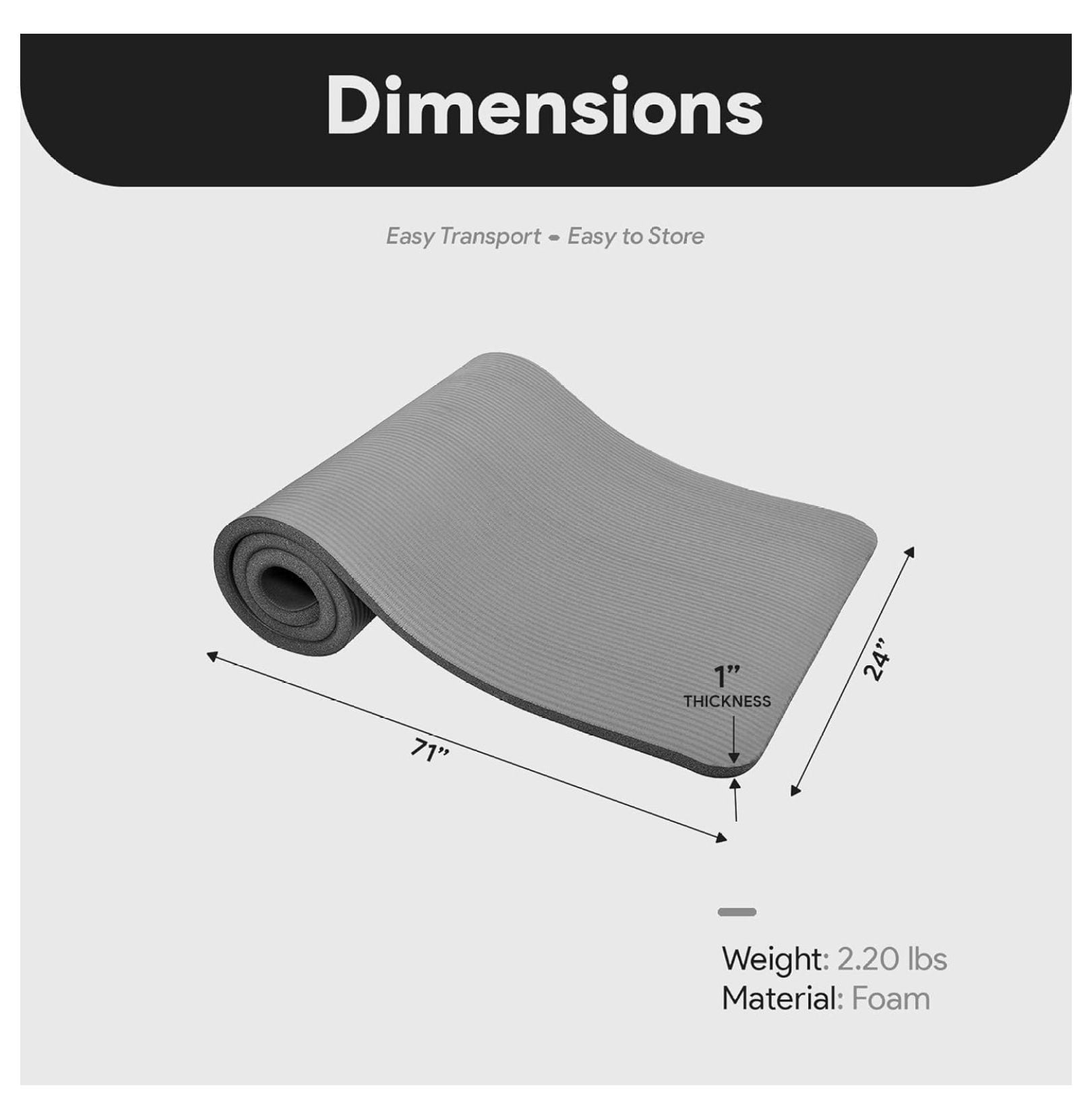 Yoga Mat 71x24 Inch Extra Thick - 1 Inch High-Density Foam Exercise Mat with Non-Slip Surface & Carrying Strap for Pilates, Home Workout - Multiple Colors