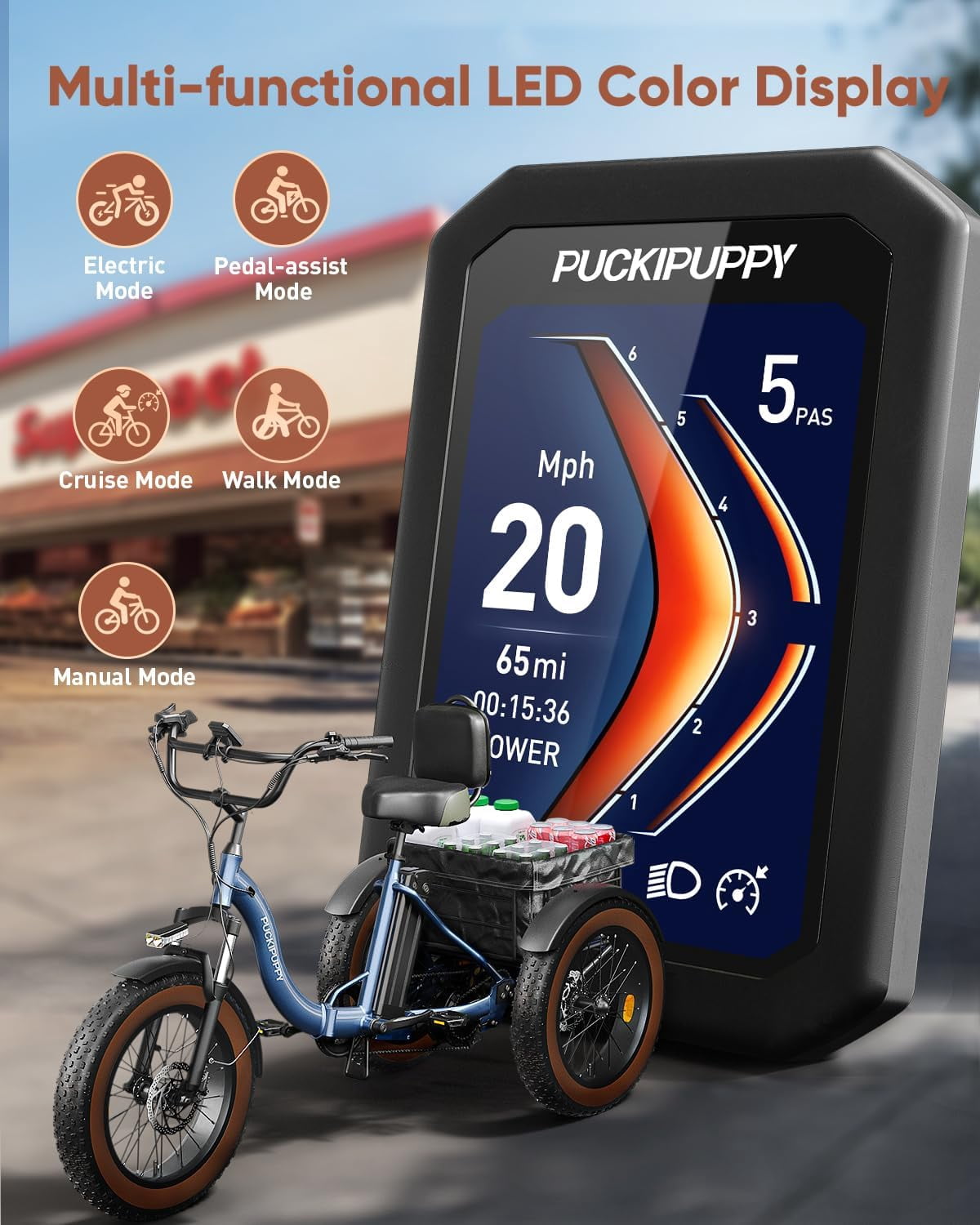 PUCKIPUPPY Electric Tricycle for Adults 960W Rear Motor 55Miles Range 20mph Max Speed 20" Fat Tire Electric Trike 3 Wheel Electric Bike 48V 15AH Battery E-Mountain Bike, Comply with UL2849 By SGS