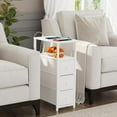 thumbnail image 4 of PrimeCook Shop Narrow Night Stand with Charging Station, Slim End Table with Plugins, Tall Side Table with 3 Fabric Drawer, Small Bedside Table with Storage, Set of 2, Living Room, Bedroom, White, 4 of 16
