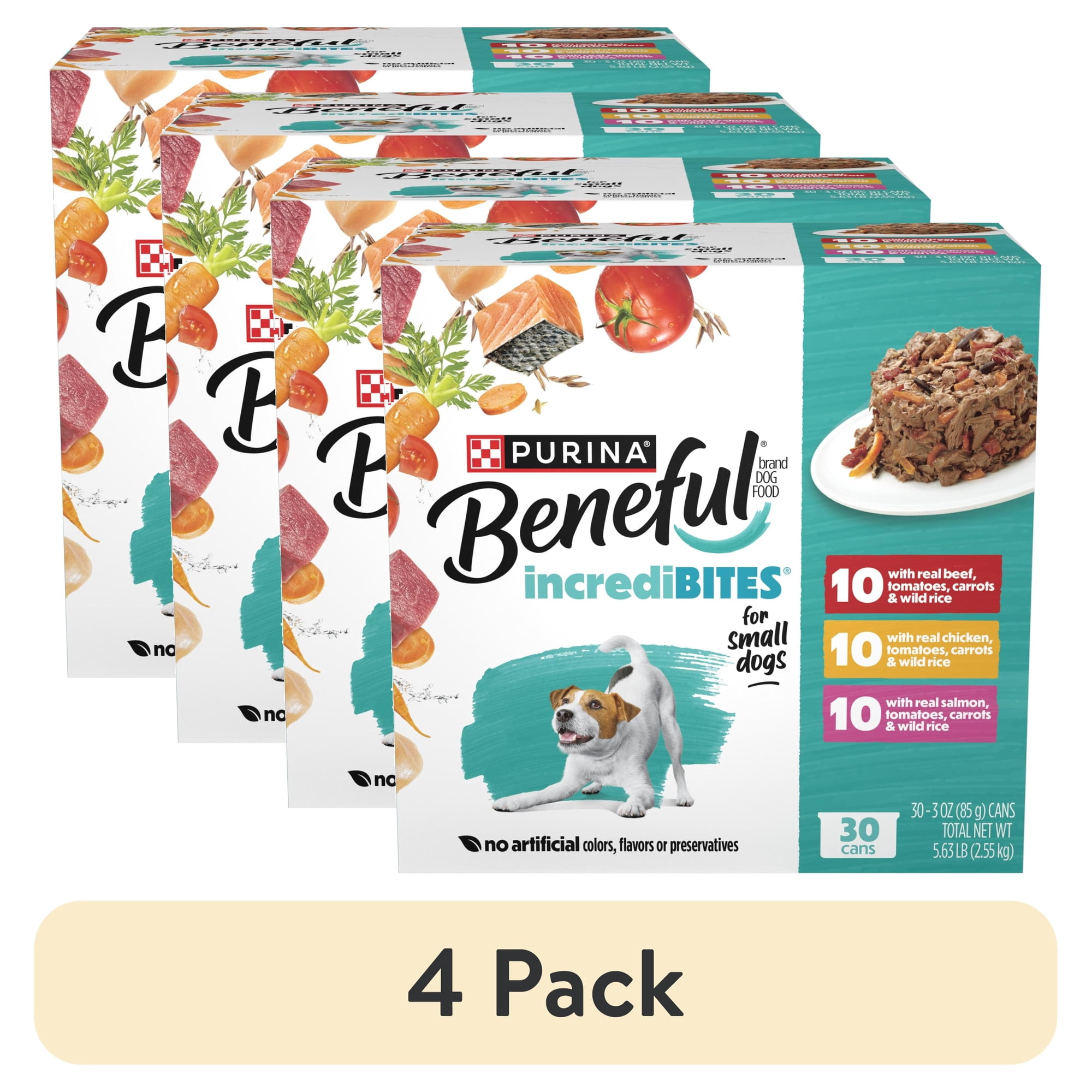 (4 pack) Purina Beneful Small Breed Wet Dog Food Variety Pack, IncrediBites With Real Beef, Chicken and Salmon, 3 oz, 30 Pack
