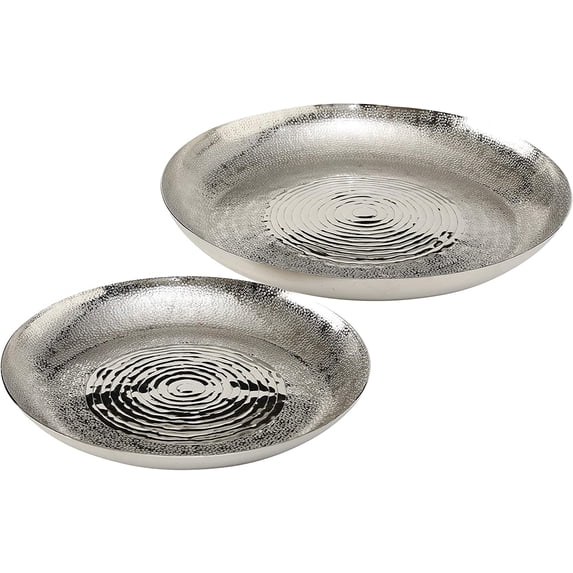 Grand Hotel Centerpiece Plate Trays, Set of 2, Hand Cast Polished Silver Aluminum, Reflective Rounds, Textural Hammered Surface, 16.5 D and 13 Inches