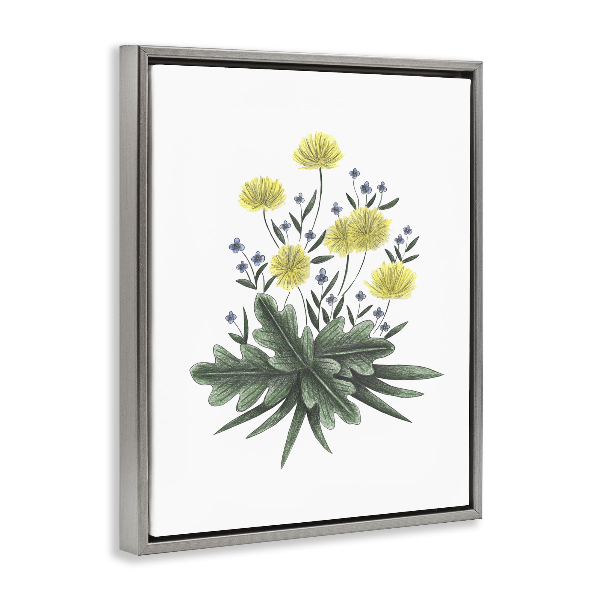 Dandelion Flower Illustration Gray Framed Floater Canvas Wall Art, design by Cecilia Battaini