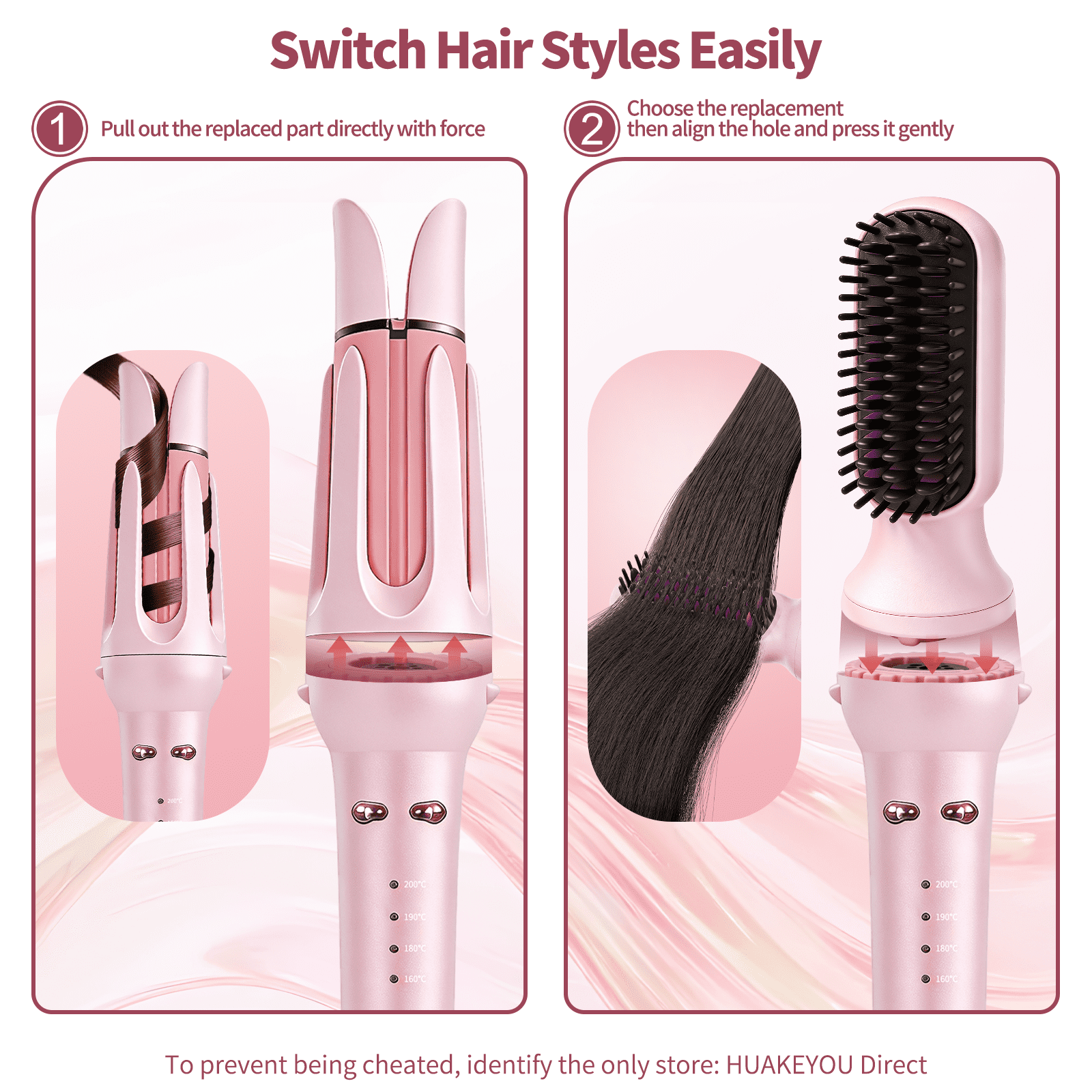 3-in-1 Auto Rotating Curling Iron with Waver & Straightener Brush, Anti-Scald Hair Styler Pink