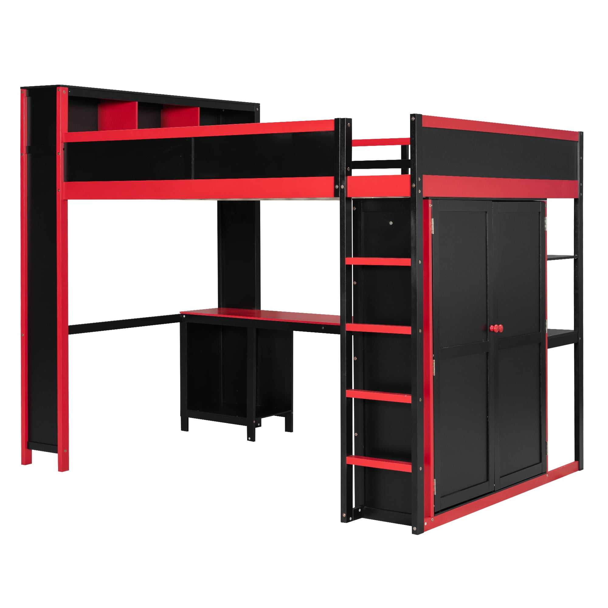 Euroco Wood Queen Size Loft Bed with Desk and Wardrobe, Gaming Bed with USB Ports,Black & Red