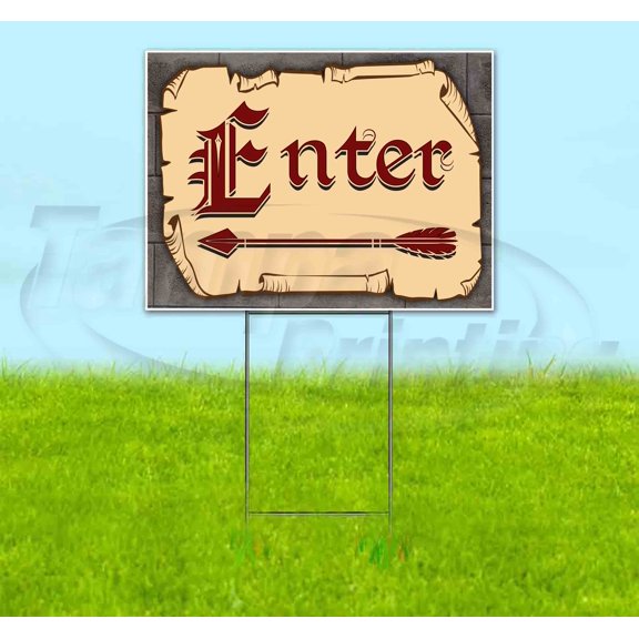 Medieval Fair Enter Left Arrow Red Scroll (18" X 24") Yard Sign, Includes Metal Step Stake
