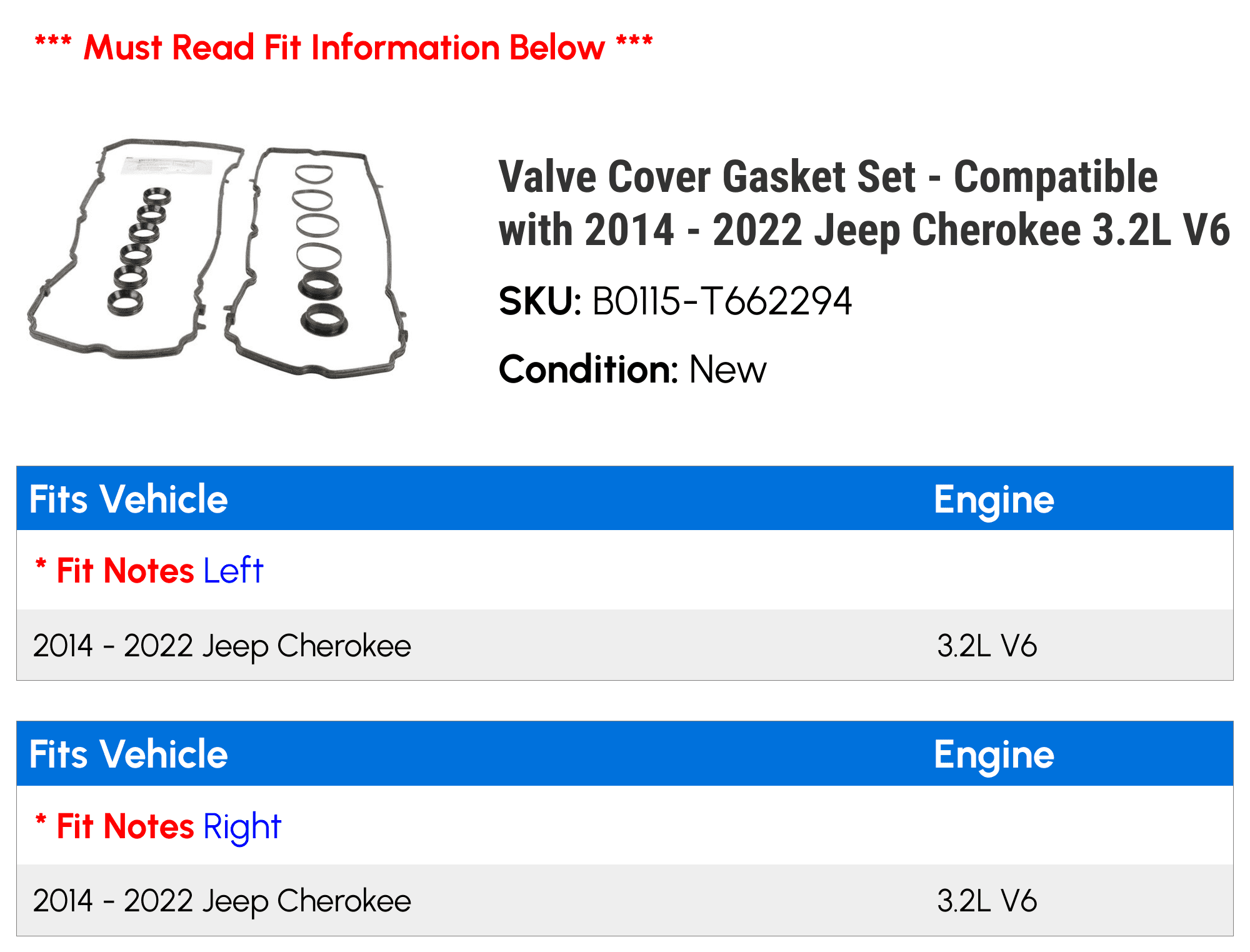 Valve Cover Gasket Set - Compatible with 2014 - 2022 Jeep Cherokee 3.2L V6 2015 2016 2017 2018 2019 2020 2021