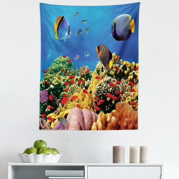 Underwater Tapestry, Colorful Coral Colony Swimming Fish Macro Picture of Reefs Print, Fabric Wall Hanging Decor for Bedroom Living Room Dorm, 5 Sizes, Azure Blue and Multicolor, by Ambesonne