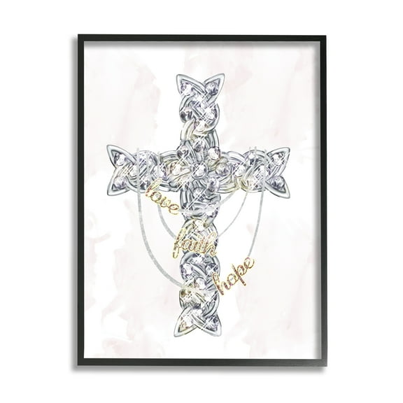 Stupell Industries Love Faith Hope Sentiment Glam Design Cross Glam Painting Black Framed Art Print Wall Art, 11 x 14, Design by Ziwei Li