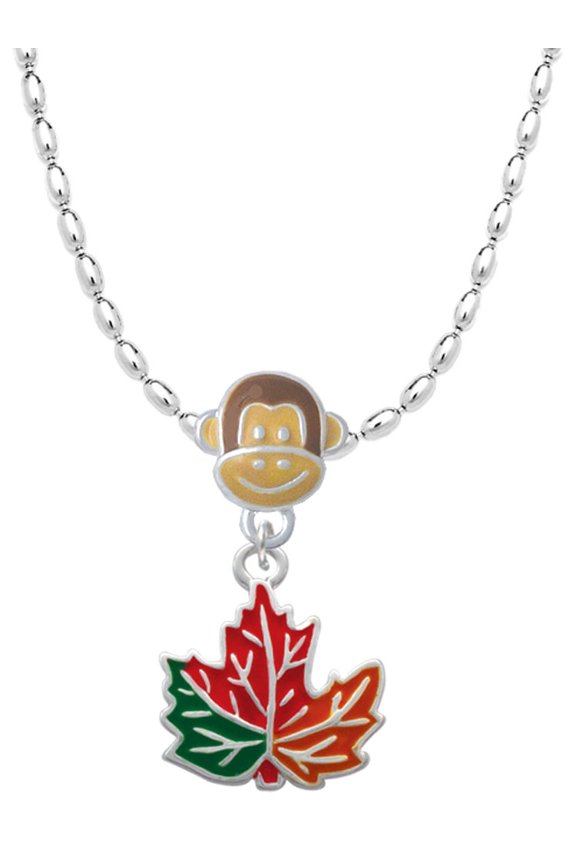 Silvertone Large Orange Fall Leaf Mia Monkey Charm Necklace