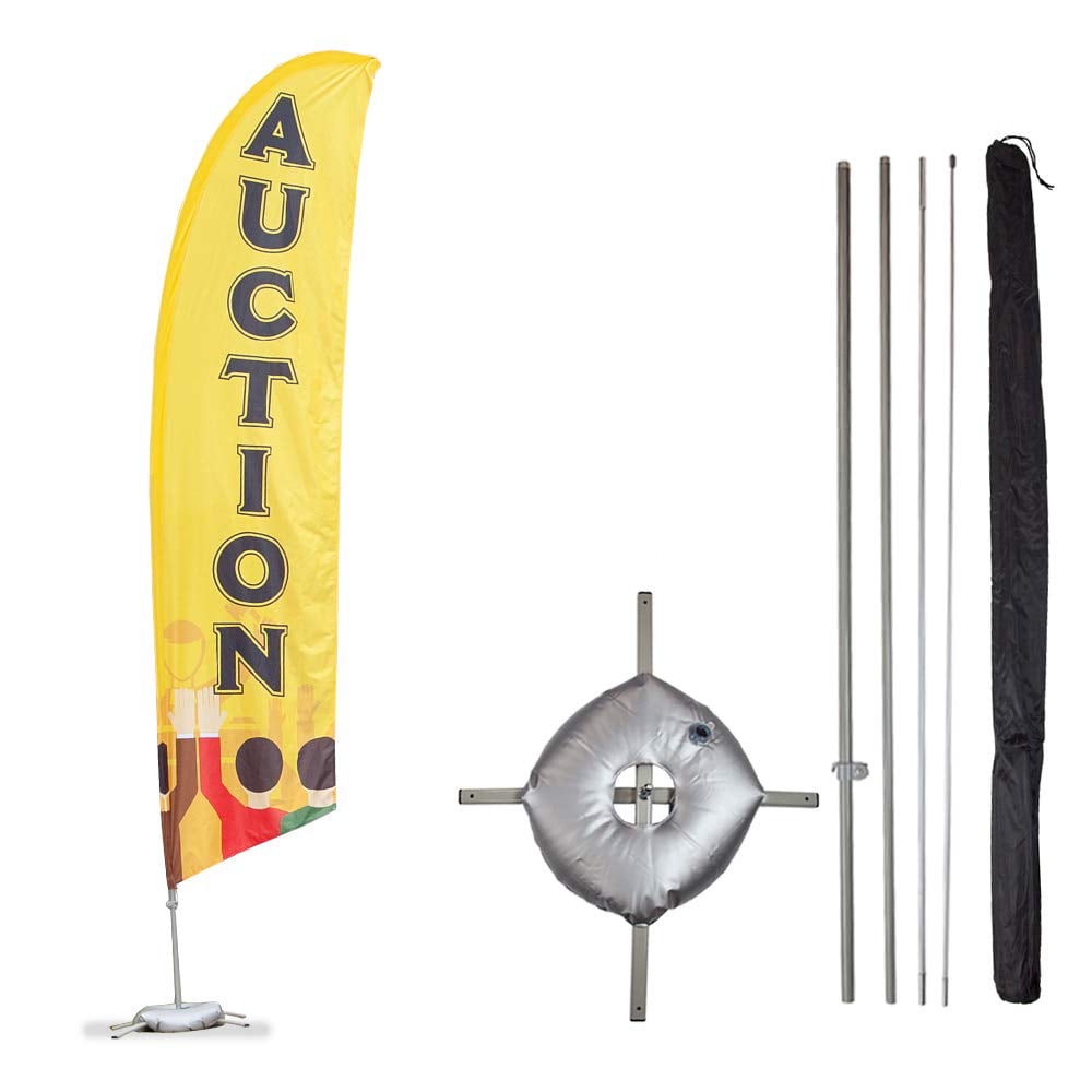 Premium Auction Feather Flag Kit Includes 13ft Sectional Aviation Grade  Fiberglass Poles, Auction Flag, Cross Base and Weight Bag, and Pole Sleeve  Bag