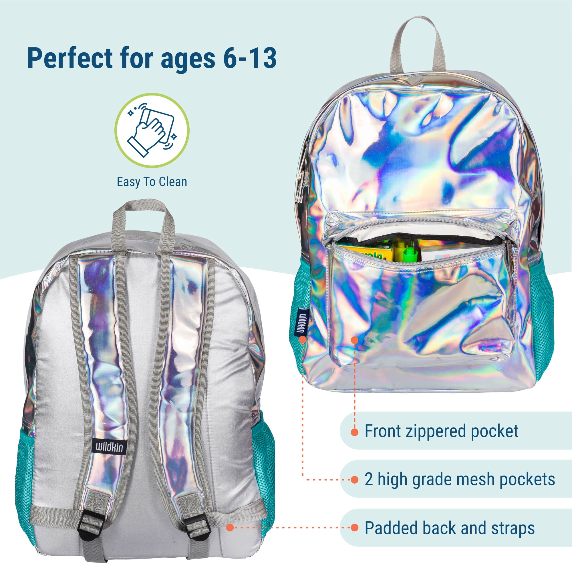 Wildkin Kids 16 Inch Backpack for Boys and Girls, Features Padded Back & Adjustable Straps (Holographic Silver)