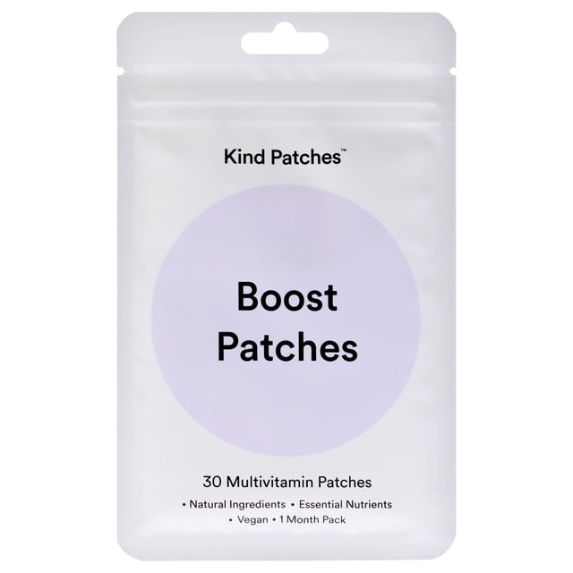 parches boost de kind patches para unisex - 30 parches Bolsa frontal sellada, vista centrada y de frente del empaque blanco con un gran círculo morado claro y el texto “Boost Patches”; marca Kind Patches arriba y texto inferior que indica “30 Multivitamin Patches”.