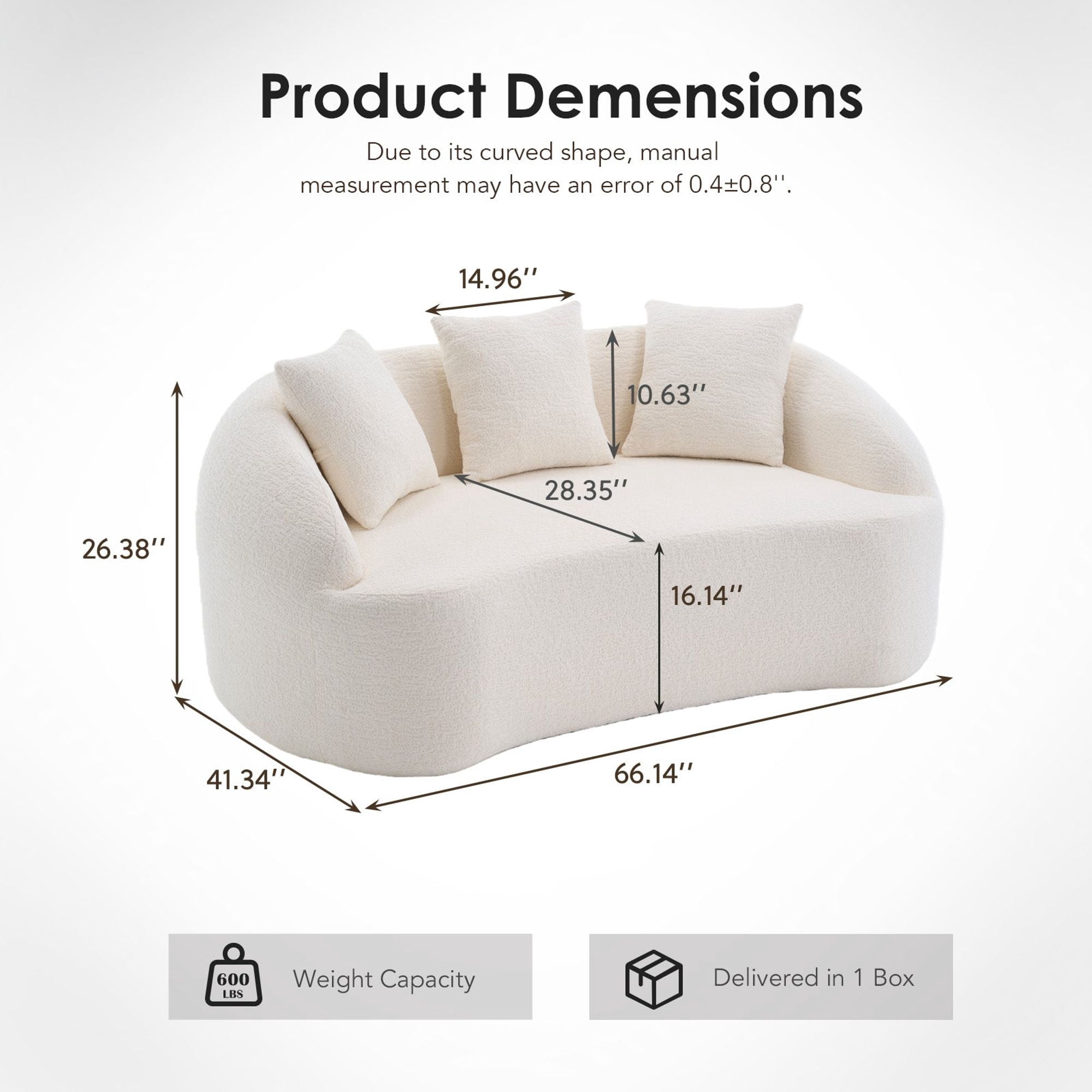 Sailvan Curved Modern Boneless 2-Seater Chenille Sofa Loveseat with 3 Pillows