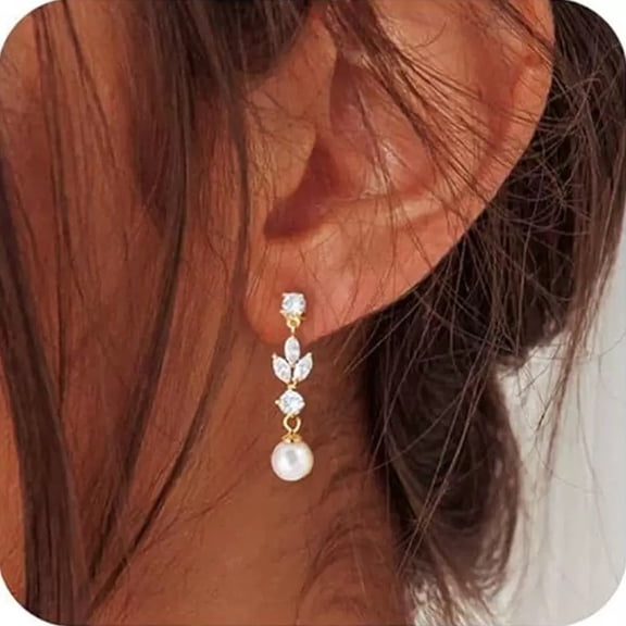 ZSPERKLA 14k Gold Plated Dangle Earrings for Women Dainty Pearl Drop Earring Gold Earrings Trendy Cute Prom Bridal Earring Long Wedding Pearl Earring Formal Jewelry