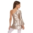 thumbnail image 2 of TiaoBug Kids Girls Latin Dance Outfit Shiny Metallic Fringe Dress One Shoulder Top with Tassels Skirts Set Camel 6, 2 of 7