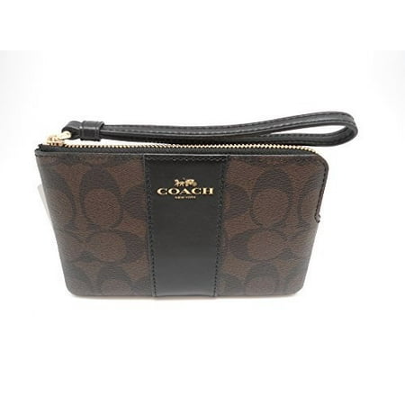 Coated Canvas Black Leather - COACH F58035 CORNER ZIP WRISTLET IN SIGNATURE COATED CANVAS WITH LEATHER STRIPE BROWN BLACK