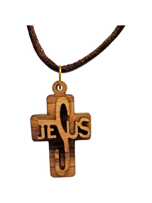 Olive Wood 3D Jesus Cross Necklace