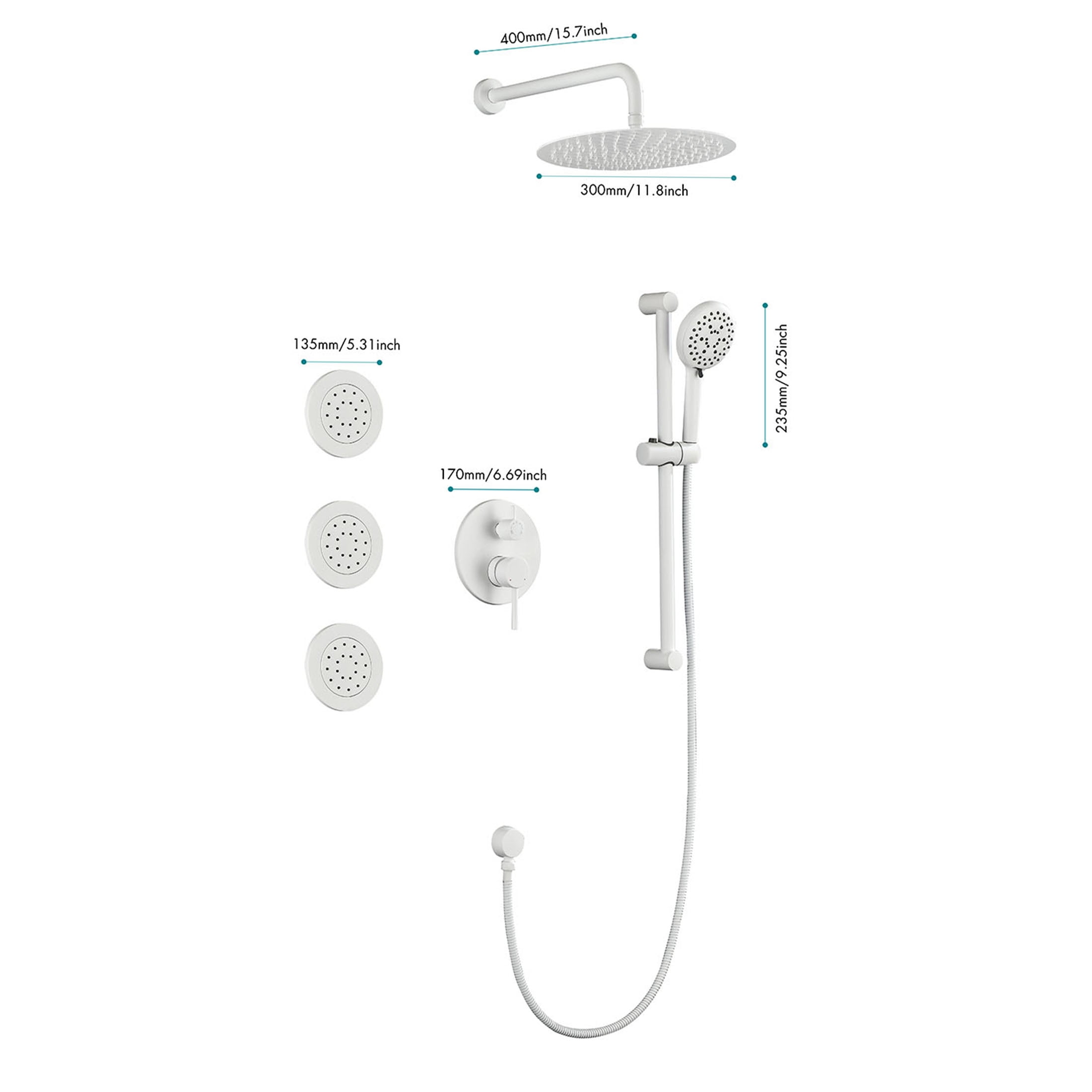 JERFIT 8-Function Luxury Shower System with Rain Shower Head, Handheld Spray, Body Jets, Slide Bar & Pressure Balance Valve, White