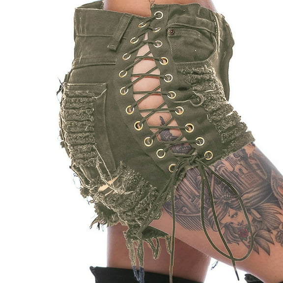 Women's Lightweight Denim Shorts with Side Split and Tie Closure, Casual Fashion Sexy Jean Shorts, Low Rise Beach Summer Shorts ,Army Green L